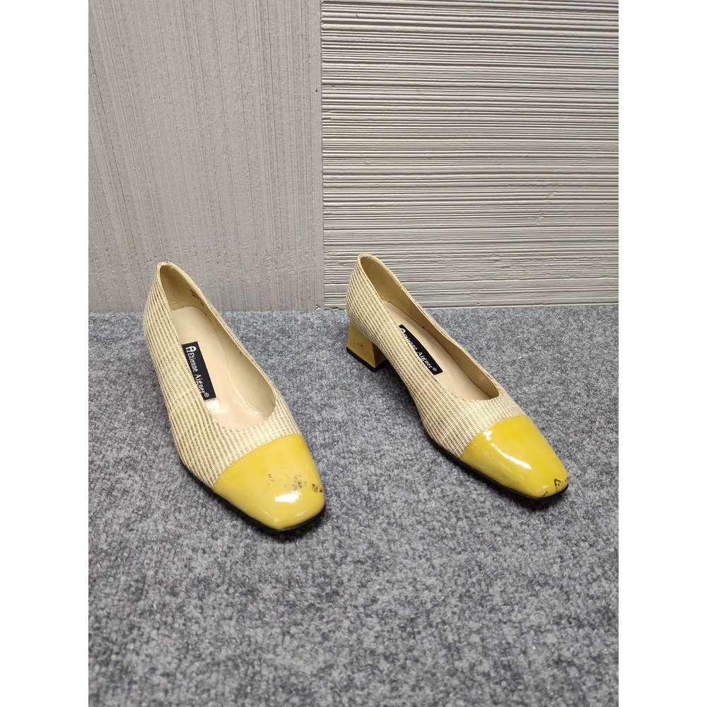 Etienne Aigner Women Block Heel Shoe 7.5M Yellow Two Tone Cape Toe Pump Classic